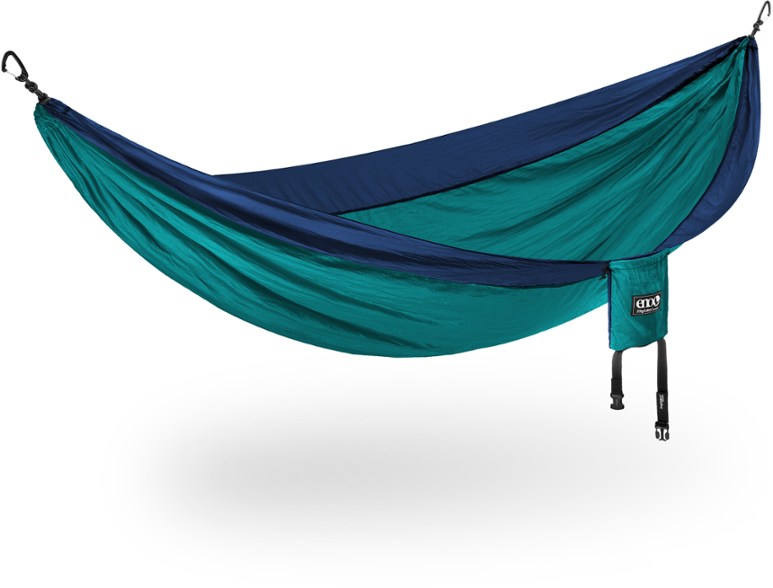 ENO SingleNest hammock set up in a scenic outdoor location, showcasing its vibrant color and spacious design.