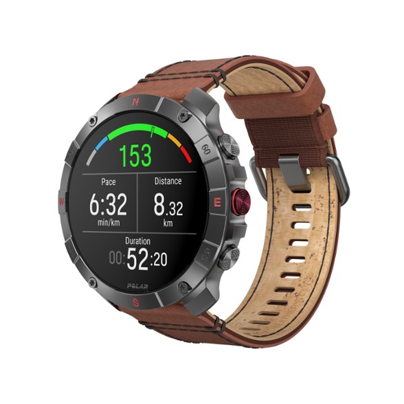 Front view of Polar Grit X2 Pro showing AMOLED display and stainless-steel bezel