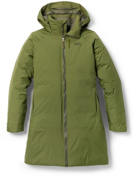 Front view of Stormhenge 850 women's down insulated waterproof parka, showcasing its stylish design and functional features.