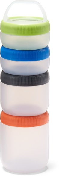 Stax Adventure food storage containers stacked for easy transport.