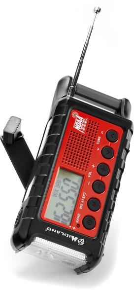 Midland ER310 crank weather radio showcasing its compact design and built-in flashlight for emergencies.