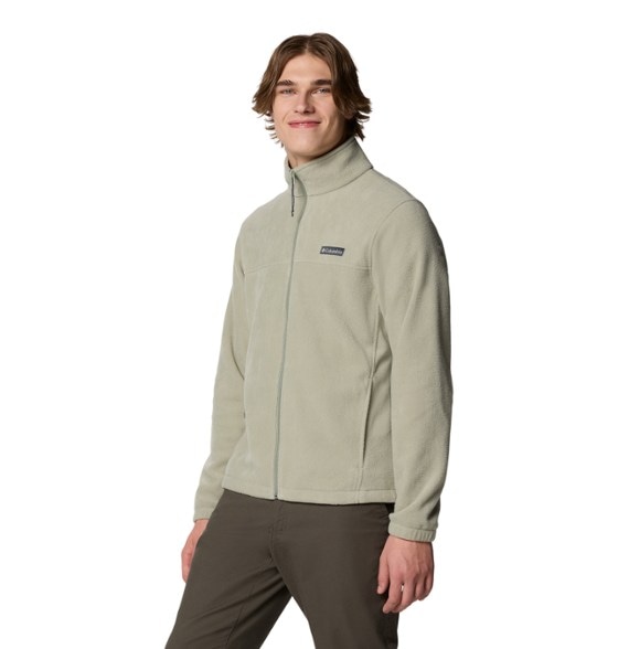 Front view of Columbia TrailCore men's fleece jacket worn during a forest hike
