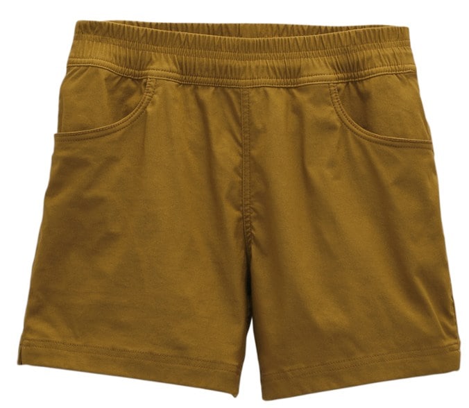 Side view of eco-friendly women's hiking shorts with elastic waist and pockets.