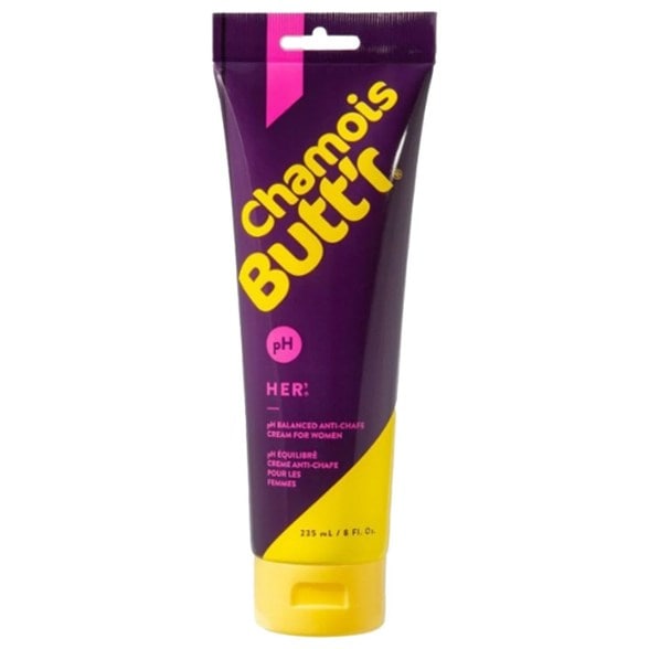 Close-up of Her' Chamois Cream in 8 oz. tube, perfect for cycling.