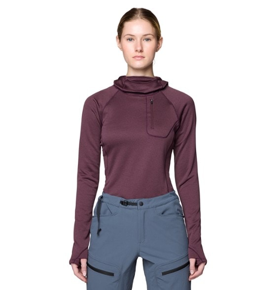 Front view of the Women's Glacial Trail Technical Fleece Hoodie in use during a hiking trip.