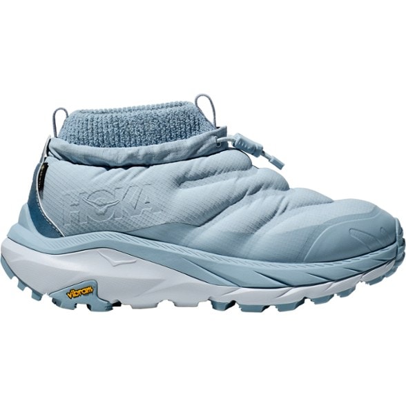HOKA Kaha 2 Frost GTX Women's Hiking Shoes from the side, showcasing the waterproof design and insulation.
