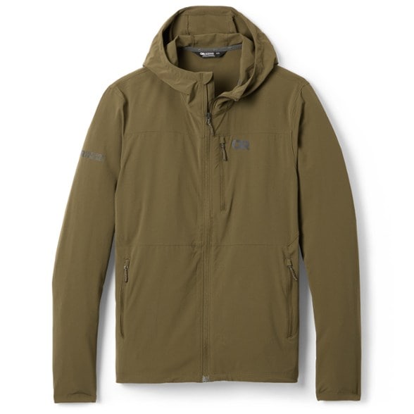 Summit Breeze packable hoodie for men in hiking setting, showcasing its lightweight and breathable features.