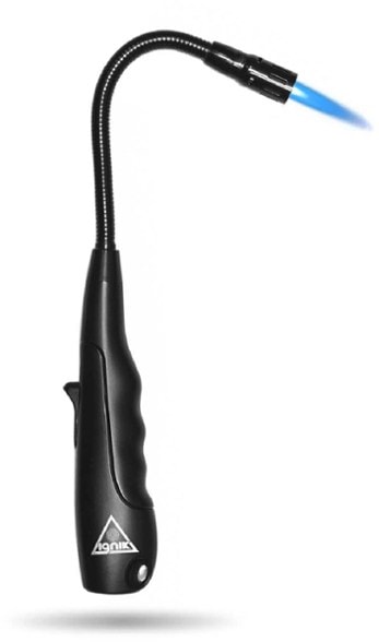 Close-up of Ignik FlexFire refillable lighter showing flexible neck and windproof tip