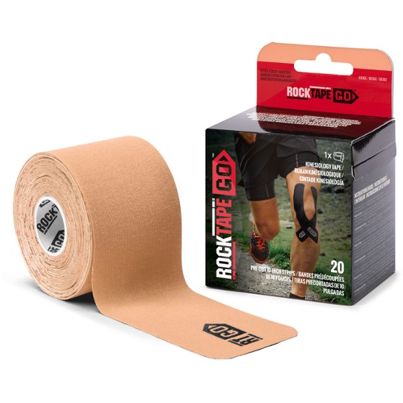 GO Extra-Sticky Kinesiology Tape roll showcasing its durable fabric and precut strips.