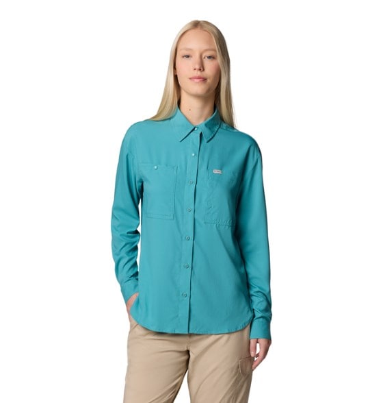 EcoVent women's long sleeve sun protection shirt in action on a hiking trail.