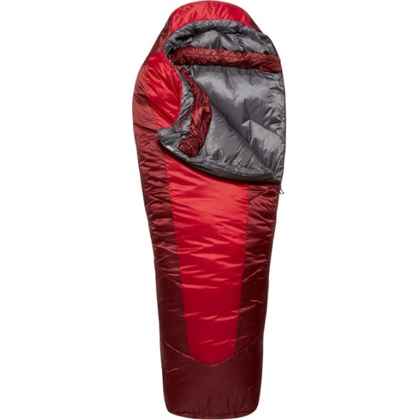 Angled view of the women's sleeping bag with hood cinched, ideal for cold climates