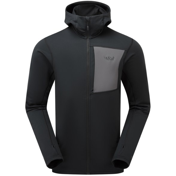 Men wearing the Mountain Explorer Hooded Mid Layer during a winter hike, highlighting its soft hood and flatlock seams.