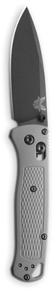 Benchmade Bugout knife showcasing the Grivory handle and drop-point blade from a side angle.
