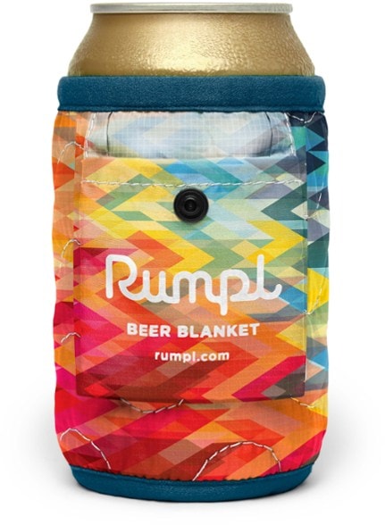 Top-down view of the ChillWrap insulated beer sleeve wrapped around a 12 oz. can near a campfire
