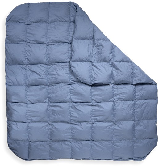 Top-down view of TrailLoft camping blanket laid over a van mattress showing cinched footbox in action