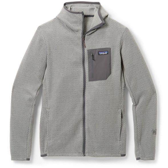 Patagonia R1 Air Men's Lightweight Full Zip Hoody showcasing its breathable fabric while hiking.