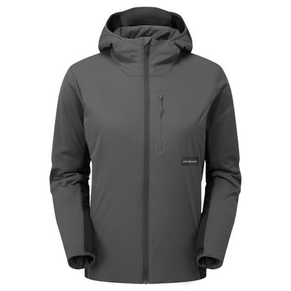 Front view of Artilect Darkstart Fusion insulated jacket for women in dark gray, highlighting the waterproof thermal fabric