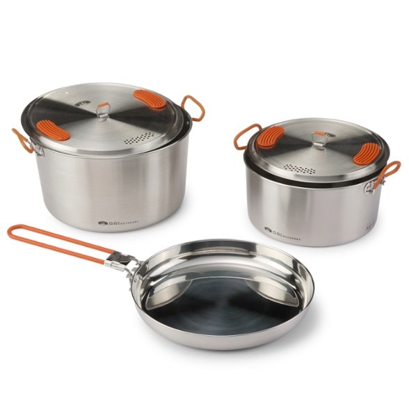 Glacier Pro stainless steel cookset showing compact nesting design for easy packing during camping trips