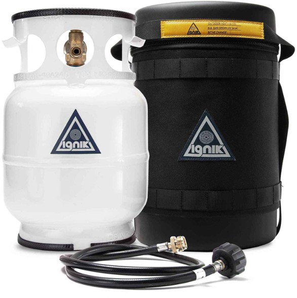 Ignik Gas Growler 5.0 Deluxe refillable propane tank with hose attached, shown from side angle