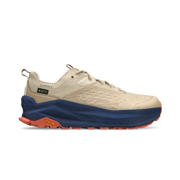 Altra Olympus 6 Low GTX women's hiking shoes from the side, showcasing the durable leather upper and GORE-TEX lining.