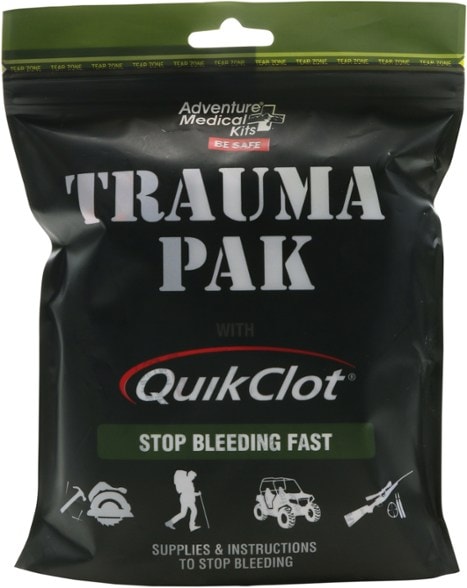 QuikClot Emergency Trauma Kit with all components displayed.