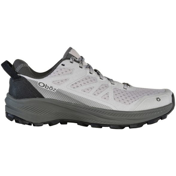 Side angle of men's lightweight hiking shoes with superior traction on rocky terrain