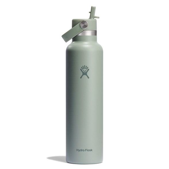 HydroFlex insulated water bottle with straw cap angled view showing leakproof design