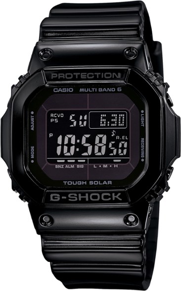 Front view of Casio G-Shock GWM5610 solar digital watch with black resin band and atomic timekeeping display
