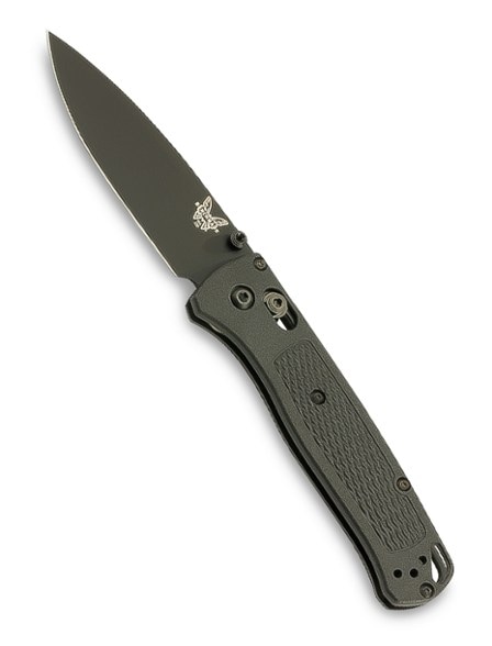 Benchmade Bugout CF-Elite tactical knife angled to show fine-edge blade and carbon fiber handle