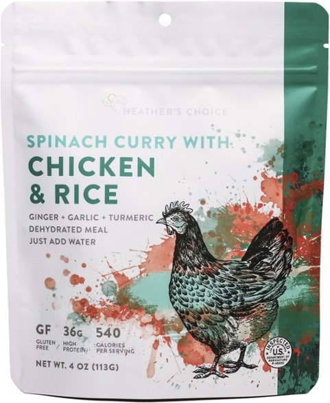 Front view of spinach curry with chicken meal pouch—ideal for quick outdoor meals