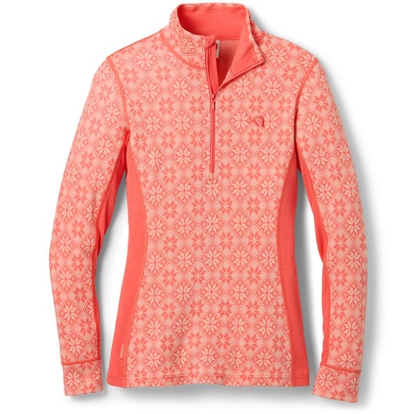 Rose merino wool half-zip base layer top featuring a floral design, perfect for winter sports.