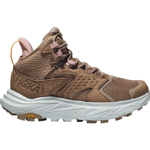 Side view of HOKA Anacapa 2 Mid GTX waterproof hiking boots showcasing nubuck leather and mesh details