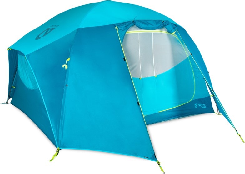 Aurora Highrise 6 person tent pitched in forest with standing height and spacious interior for family camping