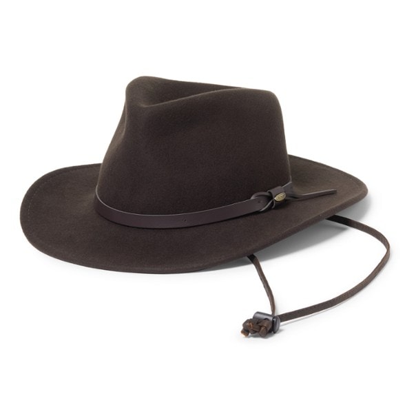Dakota Crushable Wool Felt Outback Hat displayed in a sunny outdoor setting, showcasing its stylish design and broad brim.