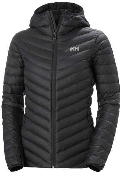 Front view of the Helly Hansen Women's Packable Down Insulator Jacket in a winter setting, highlighting its stylish and functional design.