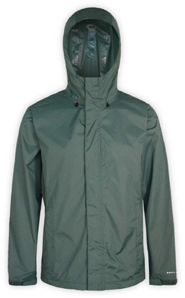 Front view of BoulderEdge Stratus waterproof rain jacket worn in mountain trail setting