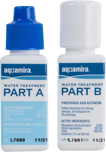 Aquamira chlorine dioxide drops bottle, ideal for backpacking and travel
