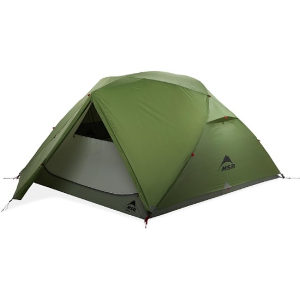MSR Elixir 4 tent set up in a forest, highlighting its spacious design and color-coded poles.