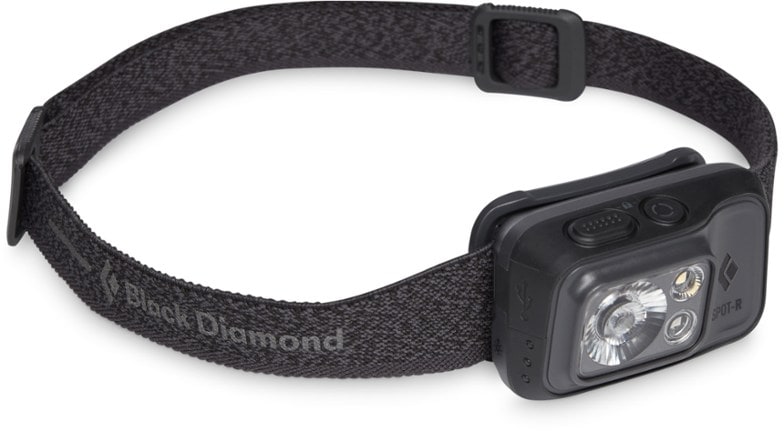 Black Diamond Spot 400-R headlamp showcasing its waterproof design and micro-USB port.
