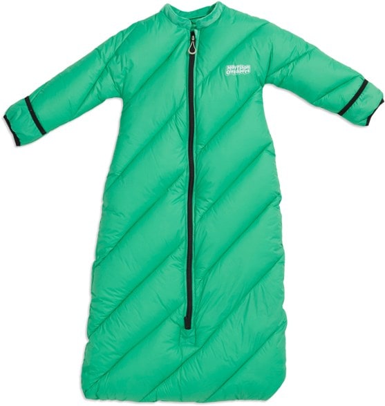 Toddler enjoying the CozySleeve sleeping bag with sleeves during a camping trip.