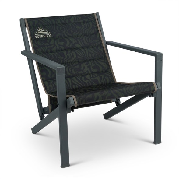 Front angle view of the folding Kelty TrailLoft camping chair with armrests extended