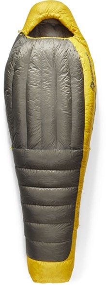 Summit Spark 15F sleeping bag showcasing its ergonomic hood and anatomic footbox in a camping setting.