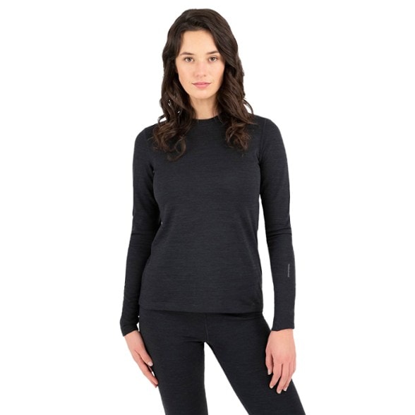 Front view of women's thermal crew shirt in charcoal, ideal as base layer top for hiking.