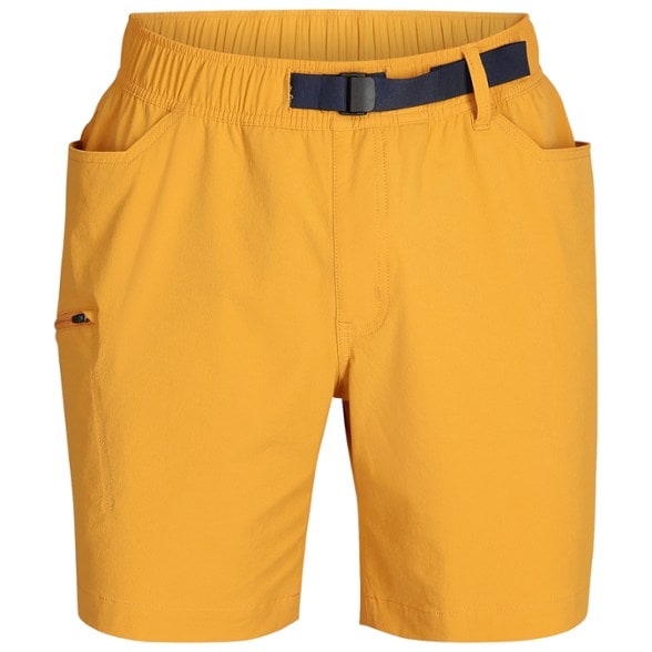 Front view of eco-friendly quick-dry climbing shorts for men in outdoor setting.