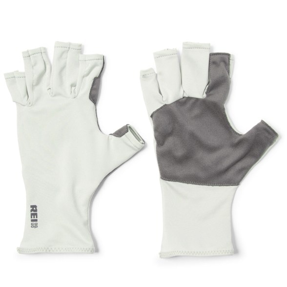 Close-up of Active Pursuits UV Protection Gloves showing suede palm for grip.