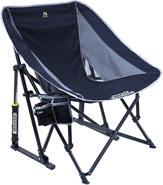 GCI Outdoor Pod Rocker chair with cup holder, ideal for camping trips.