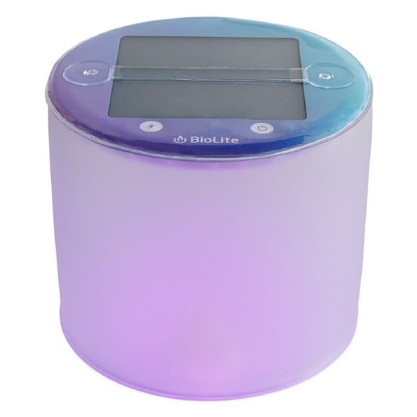 Top view of GlowNest Spark Edition LED lantern lit in red and blue, ideal as a solar lantern for camping