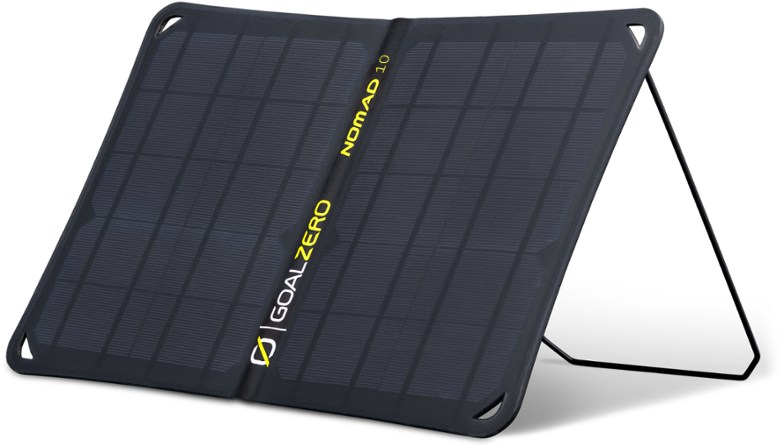 NomadX 10W solar panel angled with adjustable kickstand outdoors