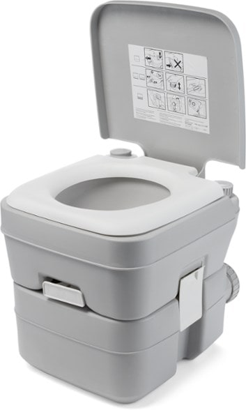 Front view of TrailGuard 966 portable toilet showing secure locking latches and molded seat