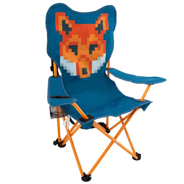 TrailTails kids camp chair with fox design set up on grassy campsite